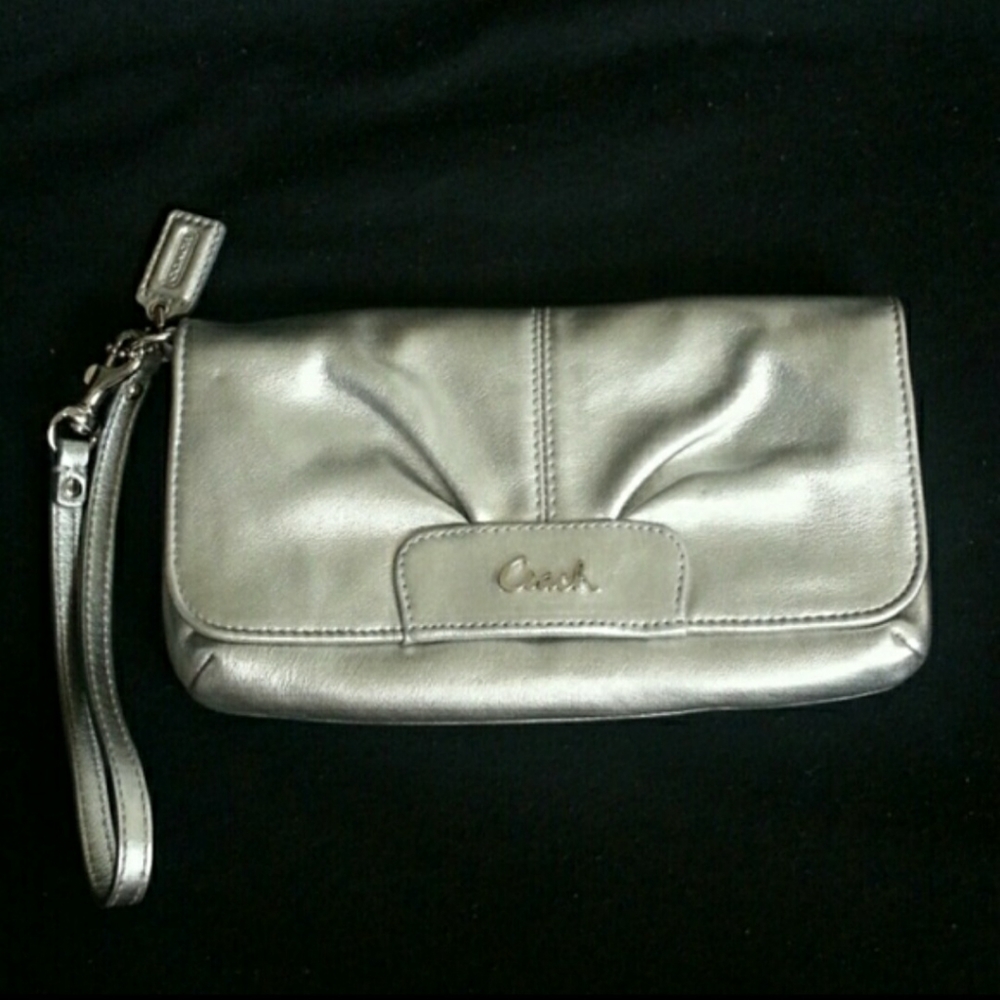 Silver coach wristlet leather and NWT